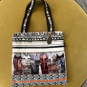 Laurel Burch Aztec Cat Artwork Canvas Handbag Tote 14"x14" Artsy Boho Novelty